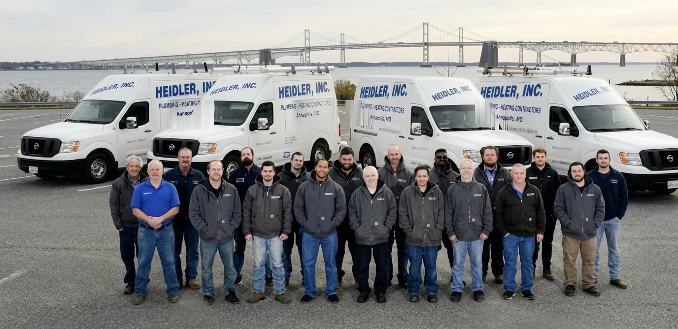 The Heidler, Inc. team standing with the company fleet before the Chesapeake Bay Bridge in Annapolis