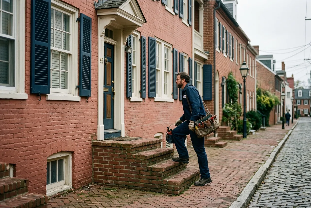Plumber arriving at a colonial-era rowhouse in the Annapolis historic district