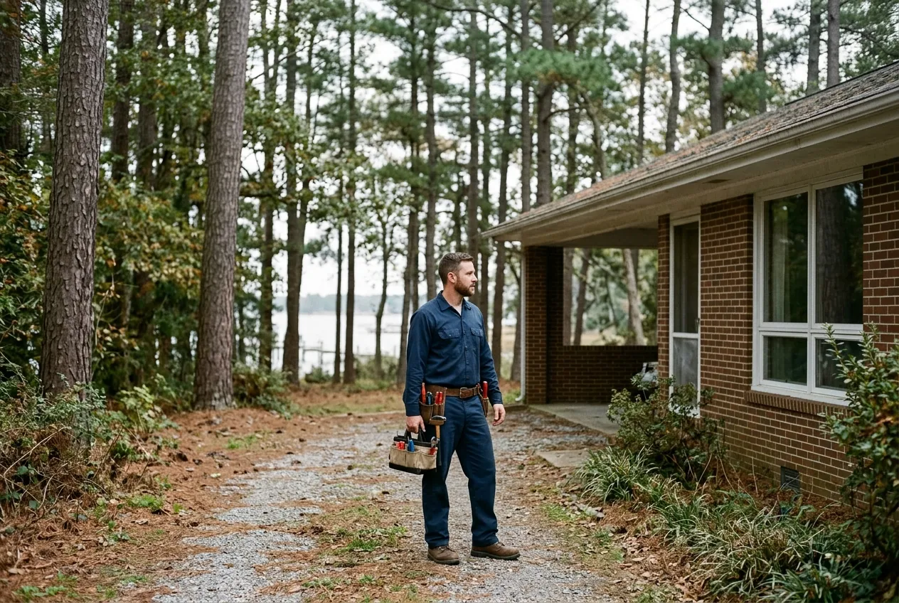Plumber at a mid-century brick ranch on a wooded Arnold lot near the water