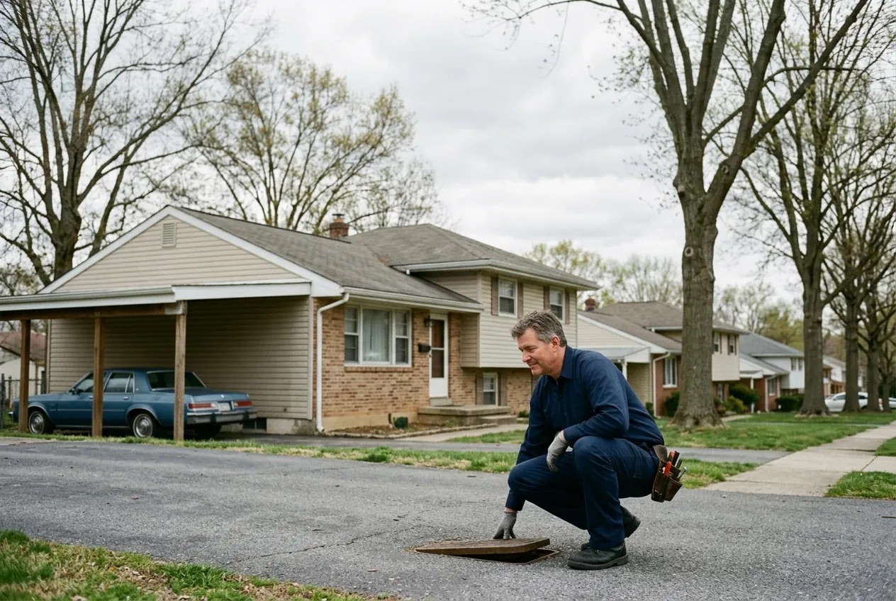 Plumber outside a 1960s split-level home in a large Bowie subdivision