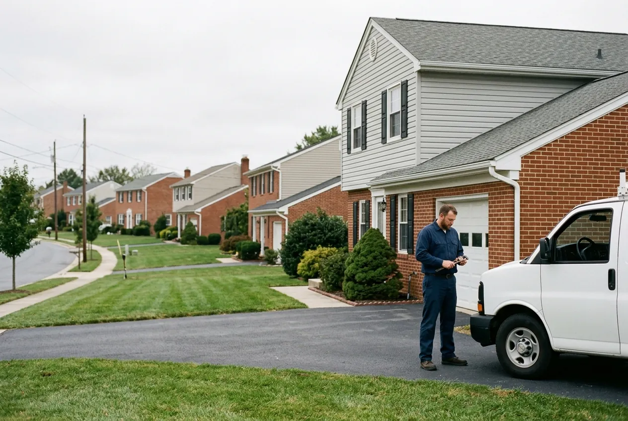 Plumber outside a brick-and-siding colonial in a planned Crofton subdivision
