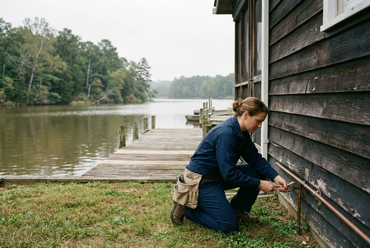 Plumber at a waterfront cottage on a wooded lot beside a tidal river in Edgewater