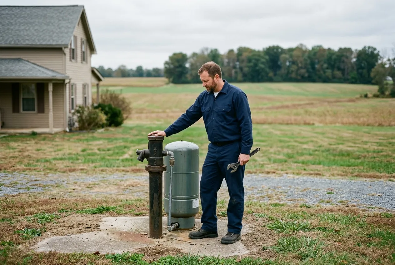 Plumber checking a well head and pressure tank on a large Gambrills property