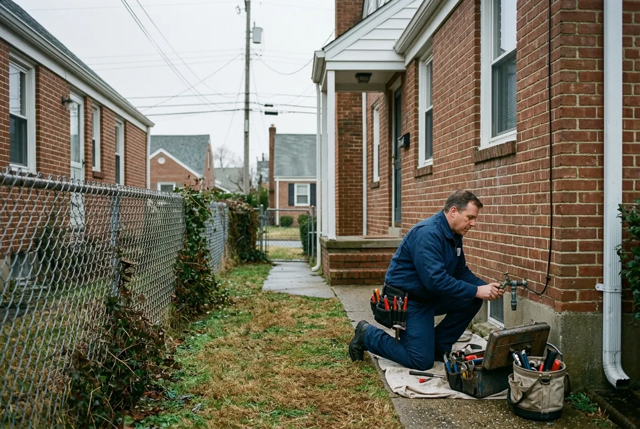 Plumber outside a post-war brick cape cod on a compact Glen Burnie lot