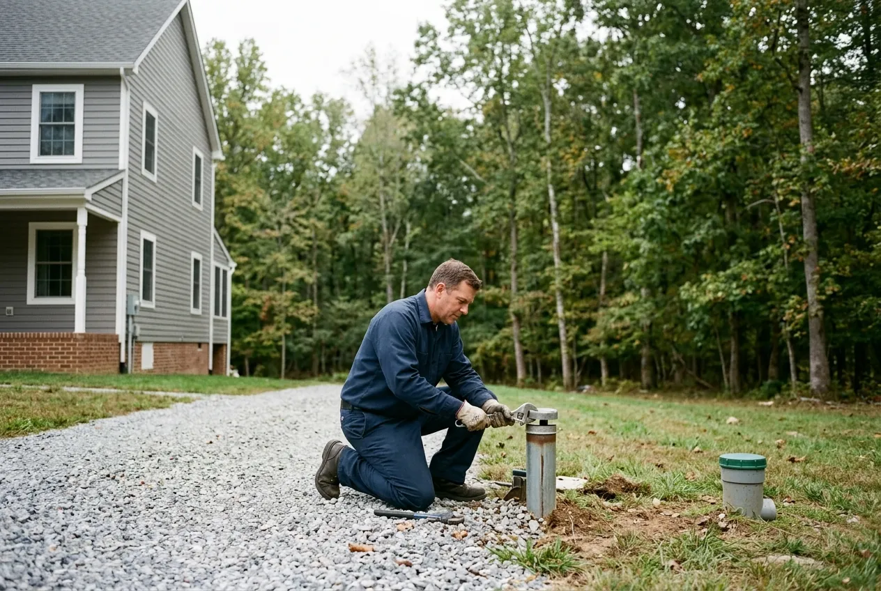 Plumber beside a well casing and septic clean-out on a wooded Millersville lot