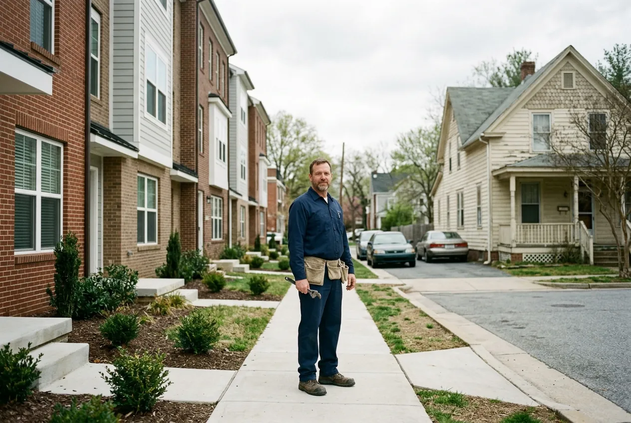 Plumber between newly built townhomes and an older detached house in Odenton