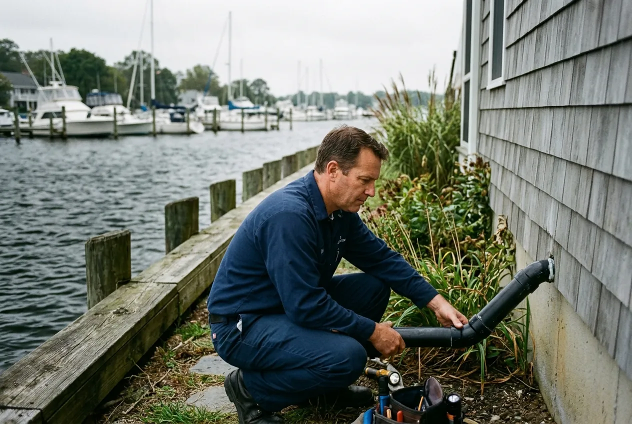 Plumber inspecting a sump discharge line at a near-water Pasadena home