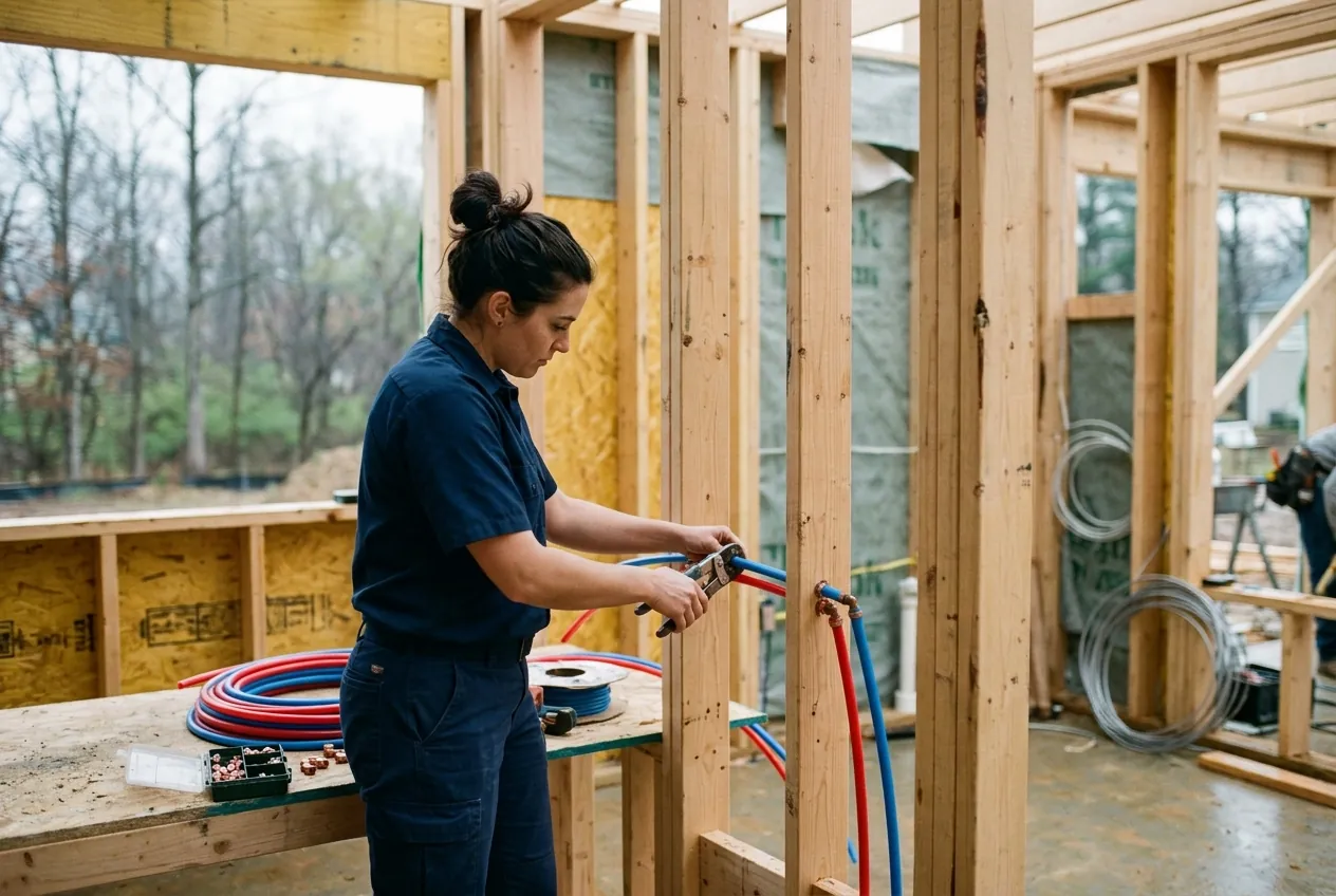 Plumber running rough-in supply lines inside a new-construction Severn home
