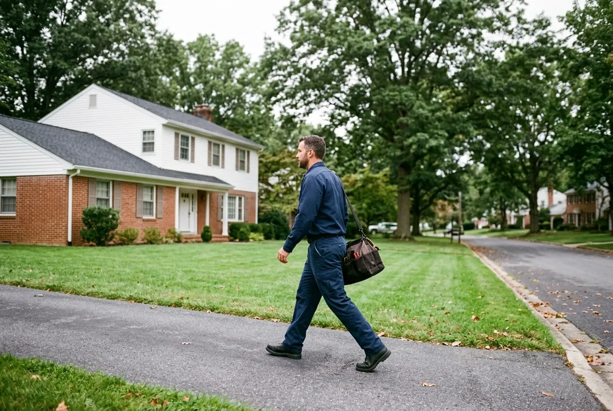 Plumber arriving at a two-storey colonial on an established, tree-lined Severna Park street