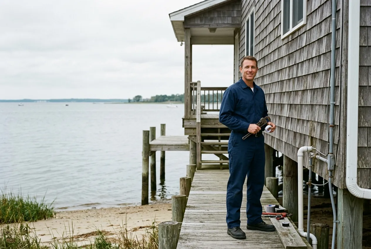 Plumber outside a raised waterfront home on Kent Island in Stevensville