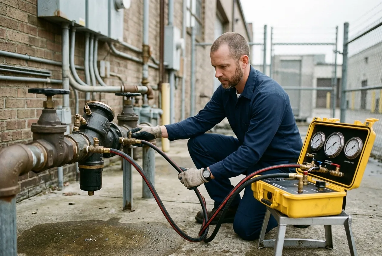 Heidler technician testing a backflow prevention assembly in Annapolis