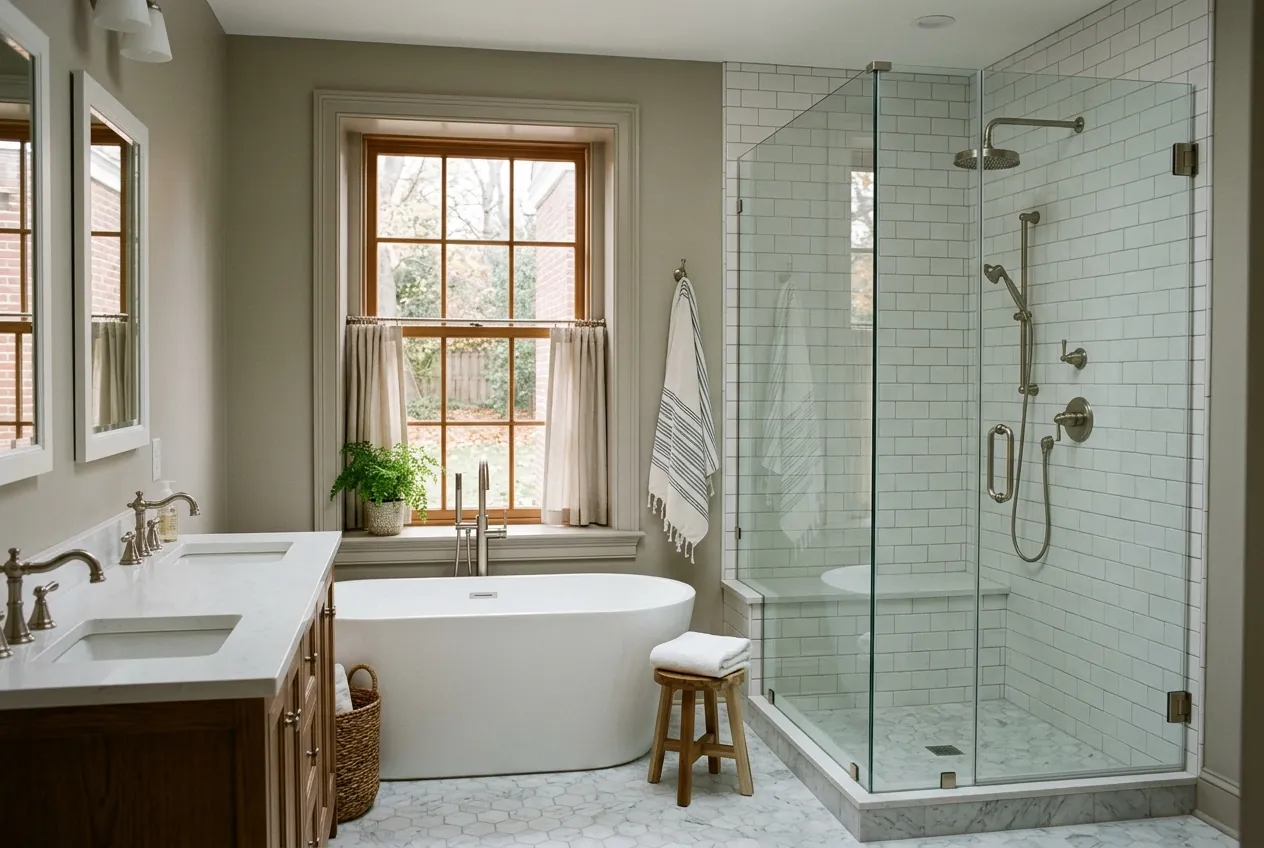 Finished shower and freestanding tub in a renovated Annapolis bathroom