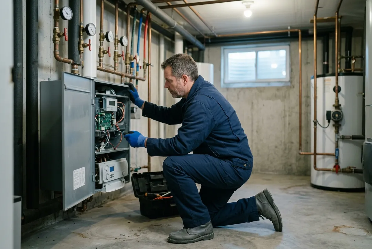 Heidler technician servicing a residential gas boiler in an Annapolis basement