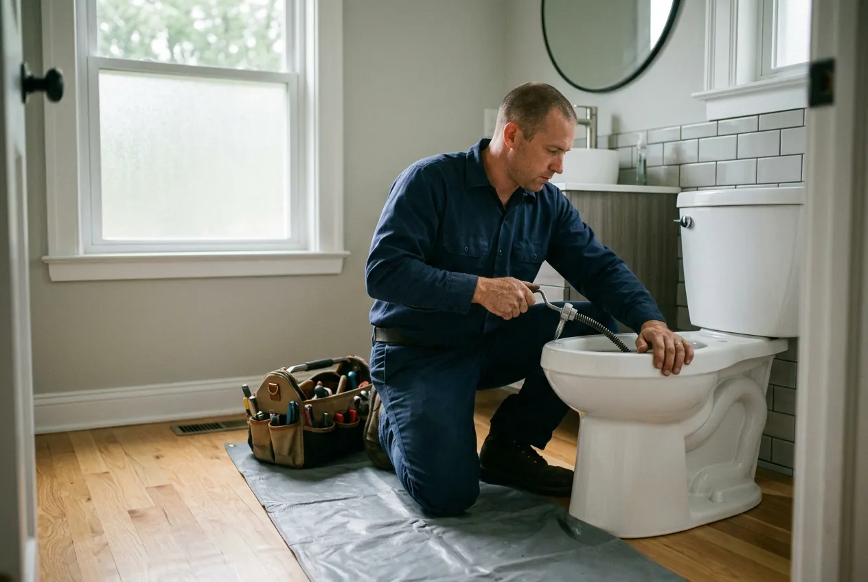 Heidler plumber repairing a clogged toilet in an Annapolis home bathroom