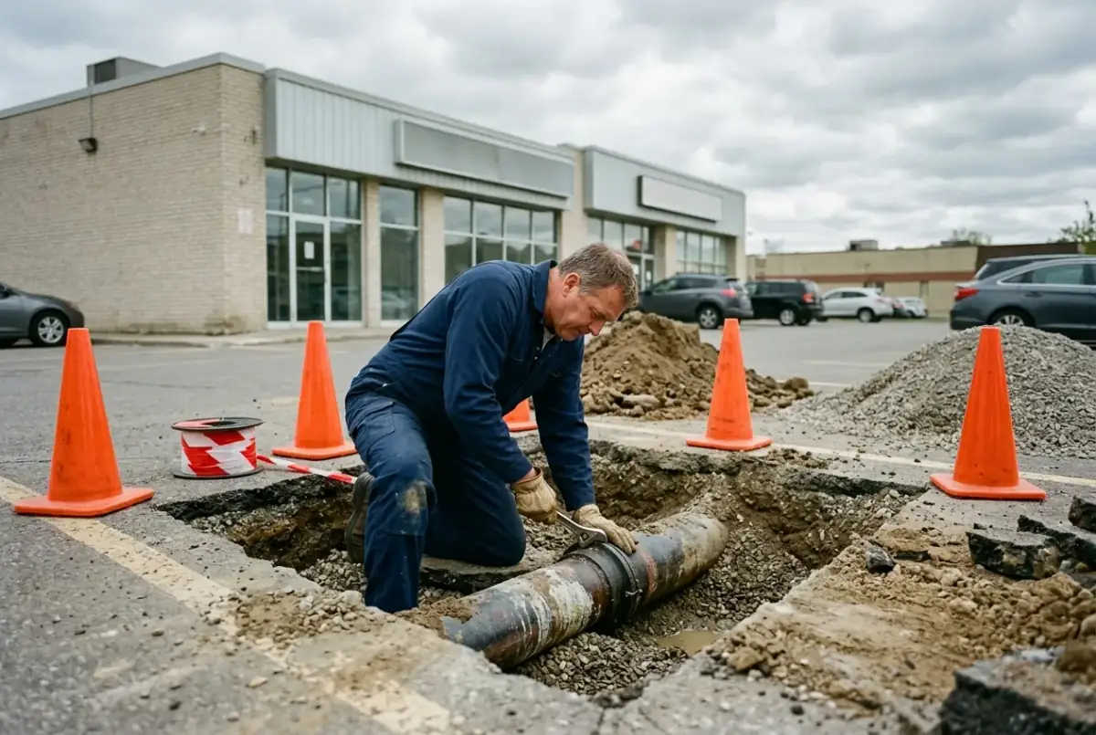 Heidler crew excavating a sewer line in a commercial parking lot in Annapolis