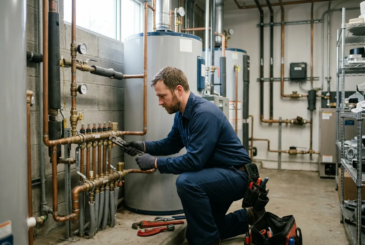 Heidler technician working on commercial plumbing in an Annapolis business