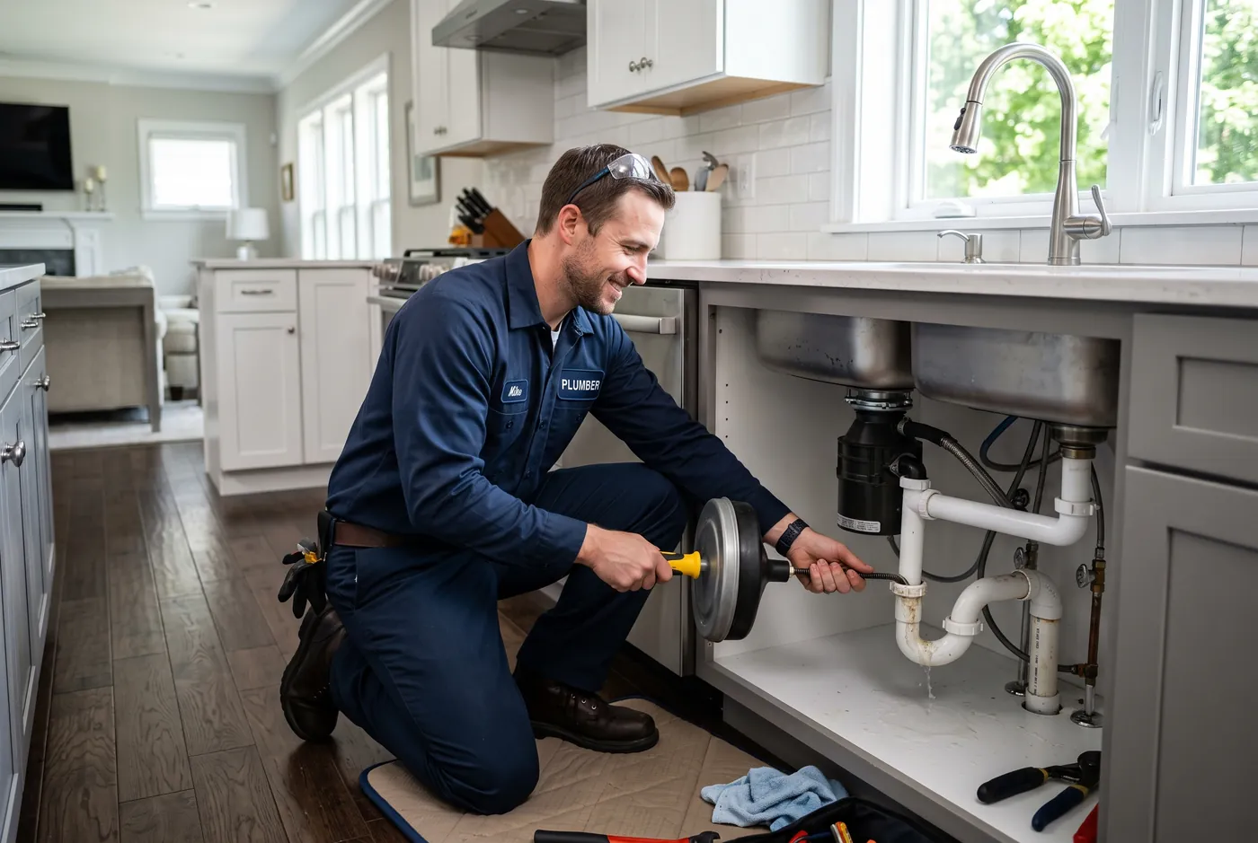 Heidler plumber clearing a clogged kitchen sink drain in an Annapolis home