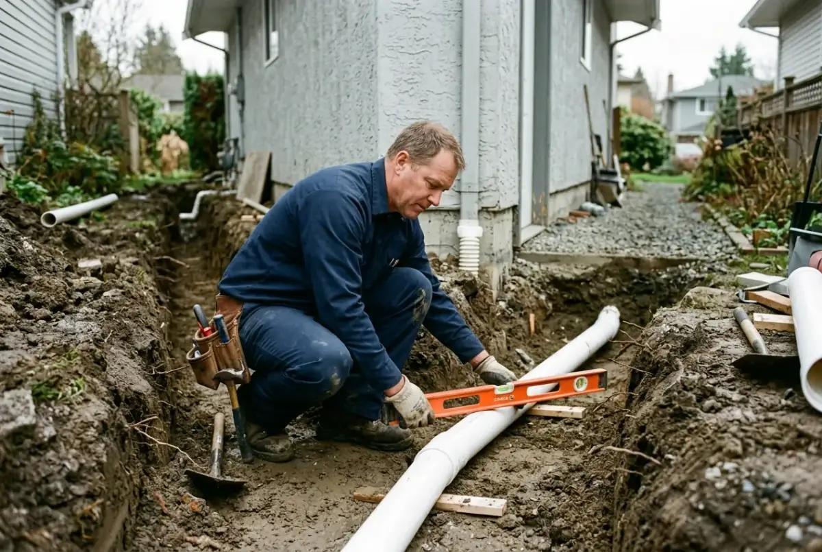 Heidler technician laying new PVC drain line to grade in an open trench at an Annapolis home