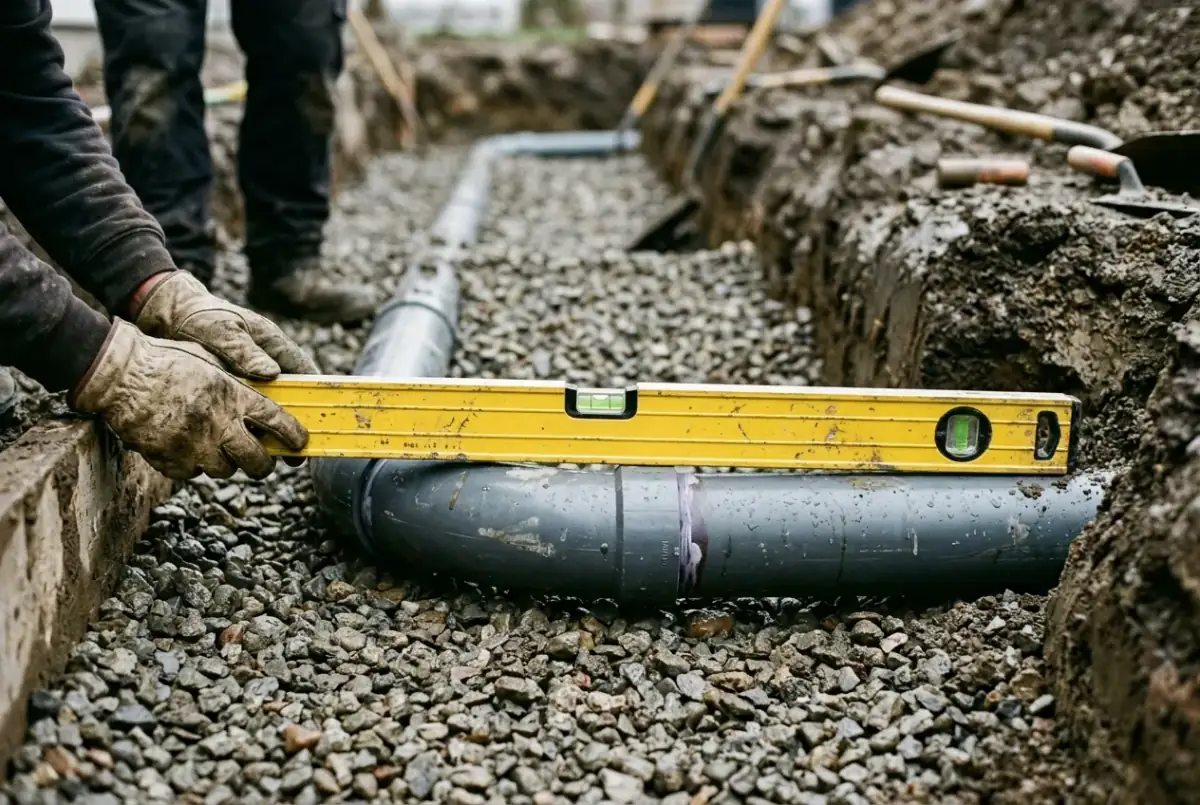 New PVC drain line bedded on gravel in a trench with a level checking the fall before backfill