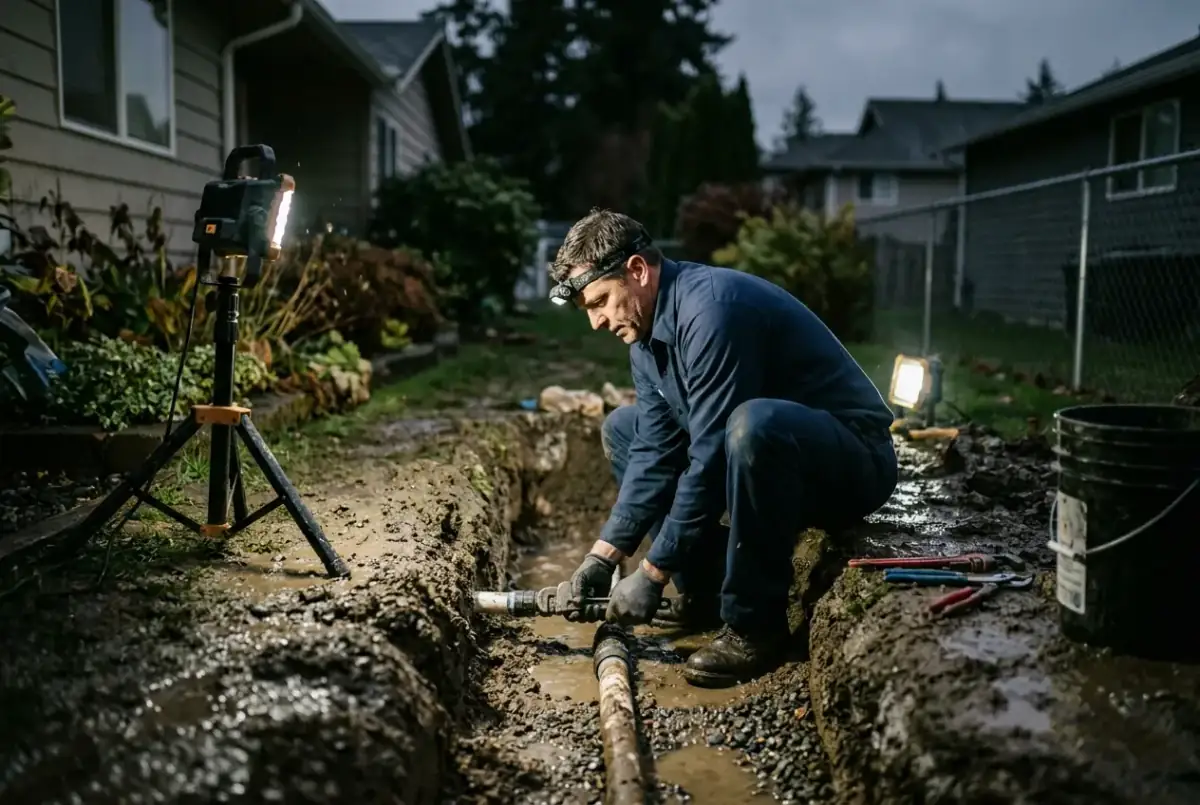 Heidler crew working an emergency excavation at night in an Annapolis yard under work lights