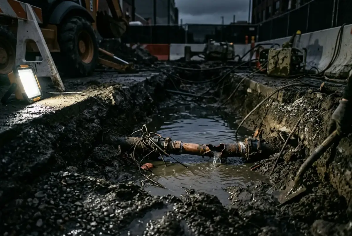 Water pooling in an open emergency trench around a failed water service line
