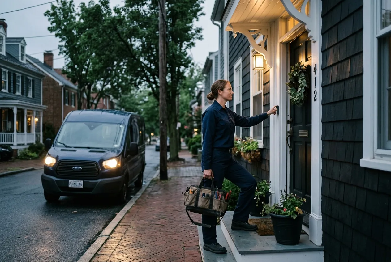 Heidler emergency plumber arriving at an Annapolis home at dusk with a tool bag