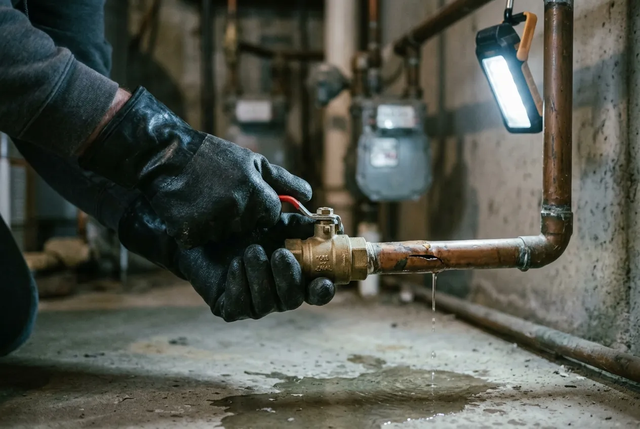 Plumber shutting off the main water valve on a burst copper pipe in an Annapolis basement