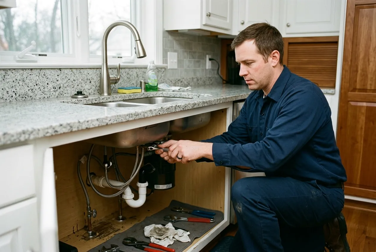 Heidler plumber installing a brushed nickel kitchen faucet in an Annapolis home