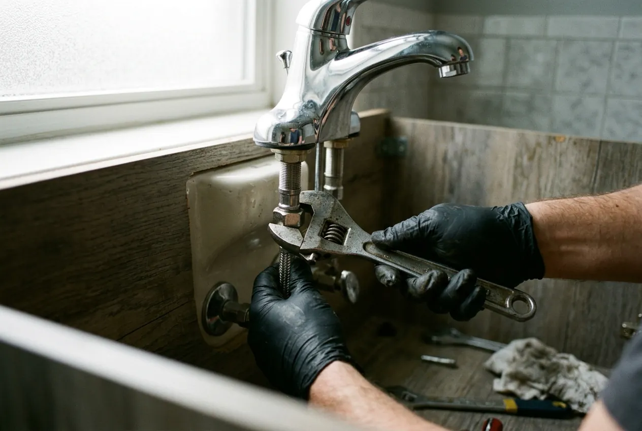Plumber tightening a supply line connection beneath a bathroom sink