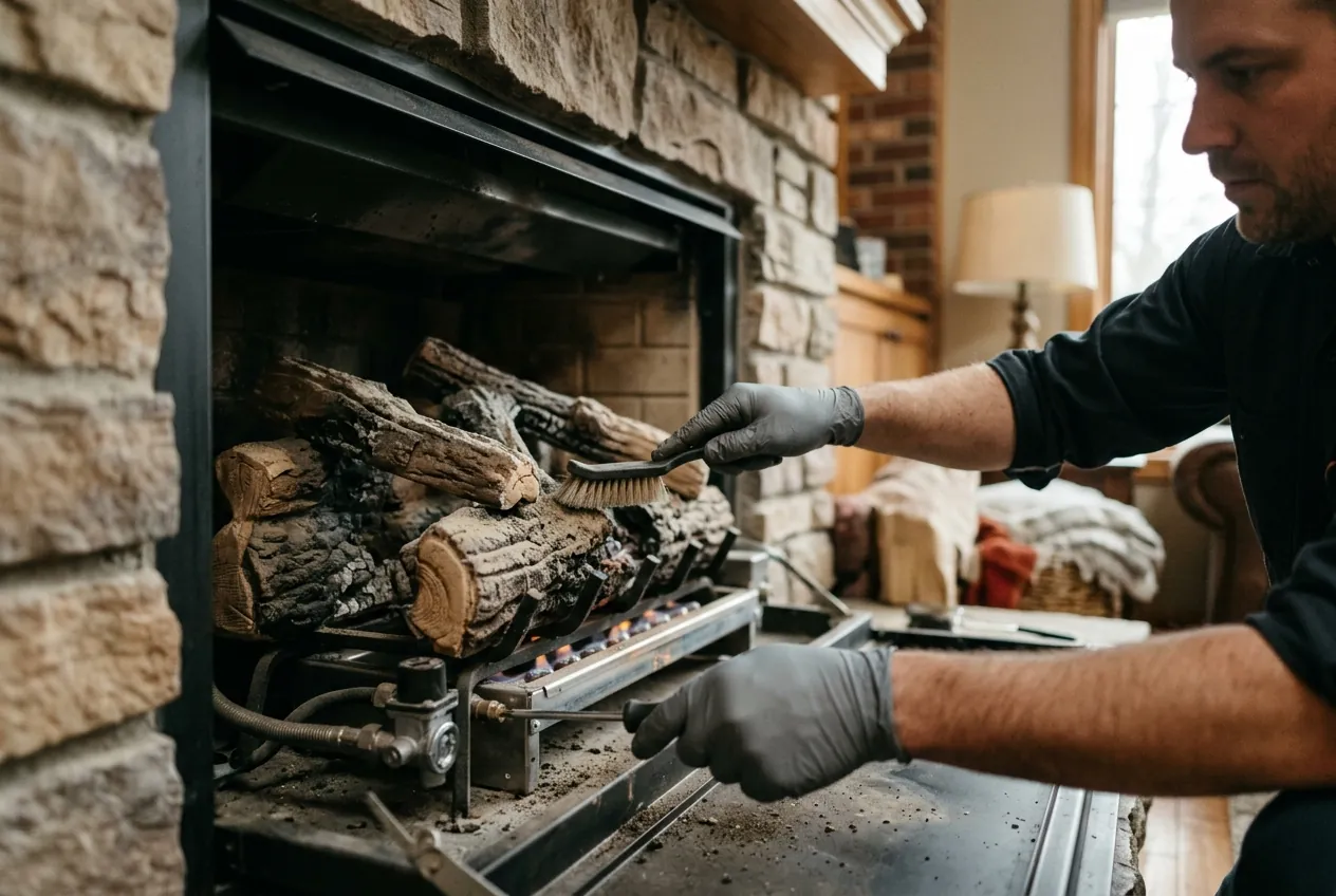 Technician setting the burner and ceramic logs during a gas fireplace installation
