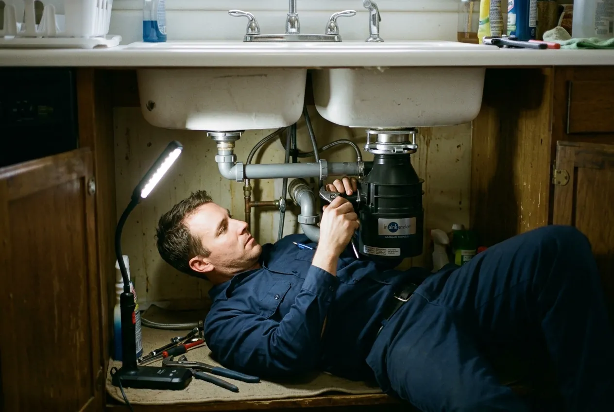 Heidler plumber installing a garbage disposal under a kitchen sink in an Annapolis home
