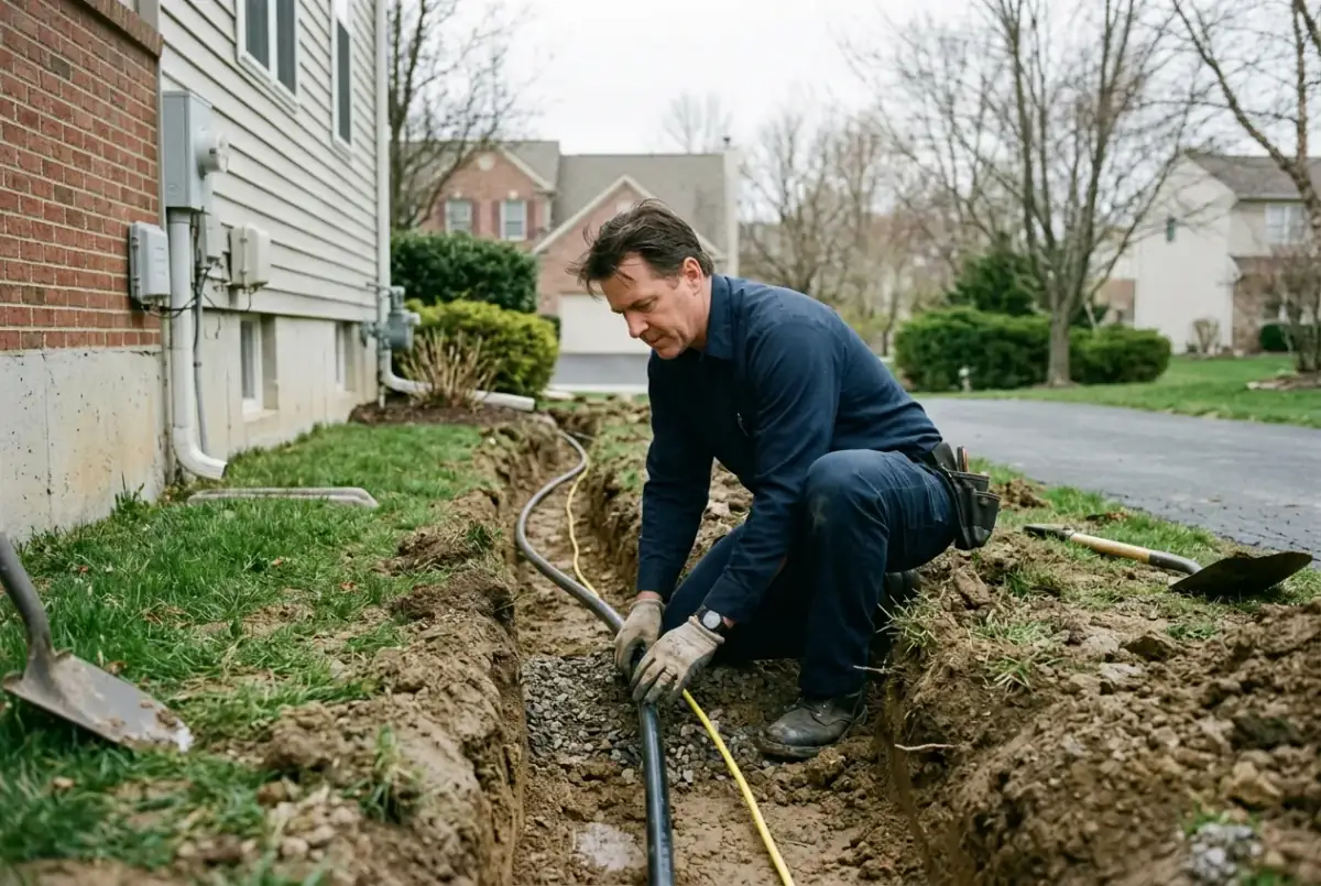 Heidler technician laying a buried gas line in an open trench beside an Annapolis home