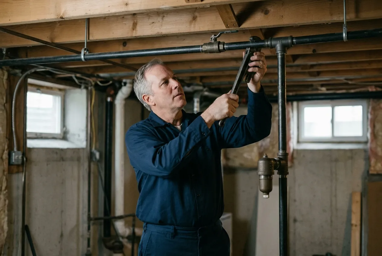 Heidler technician installing a black iron gas line in an Annapolis basement