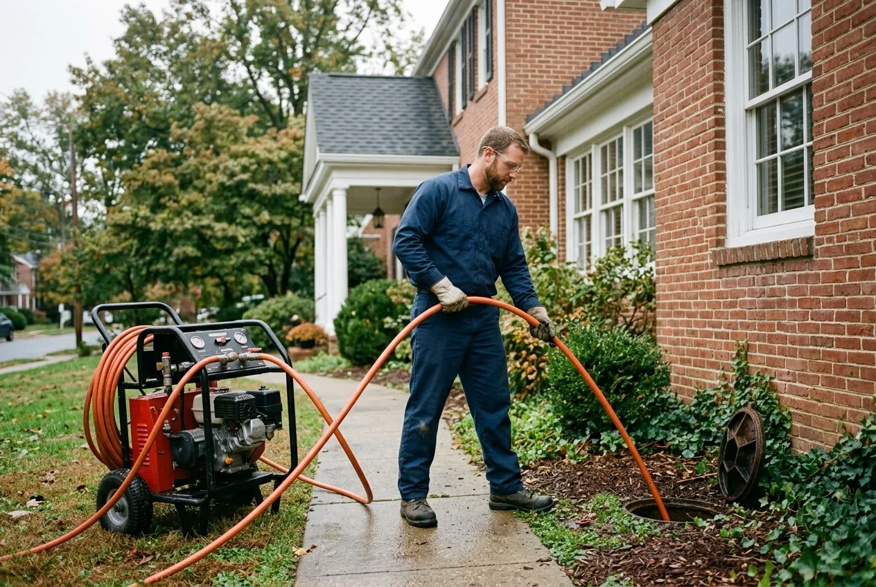Heidler plumber operating a high-pressure hydrojetting machine at an Annapolis home's sewer cleanout