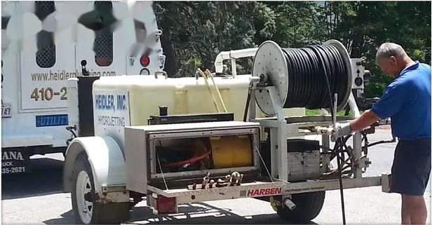 Heidler hydrojetting trailer set up for a high-pressure sewer line cleaning