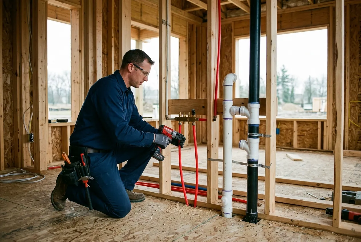 Heidler plumber installing PEX supply and PVC drain rough-in in new construction