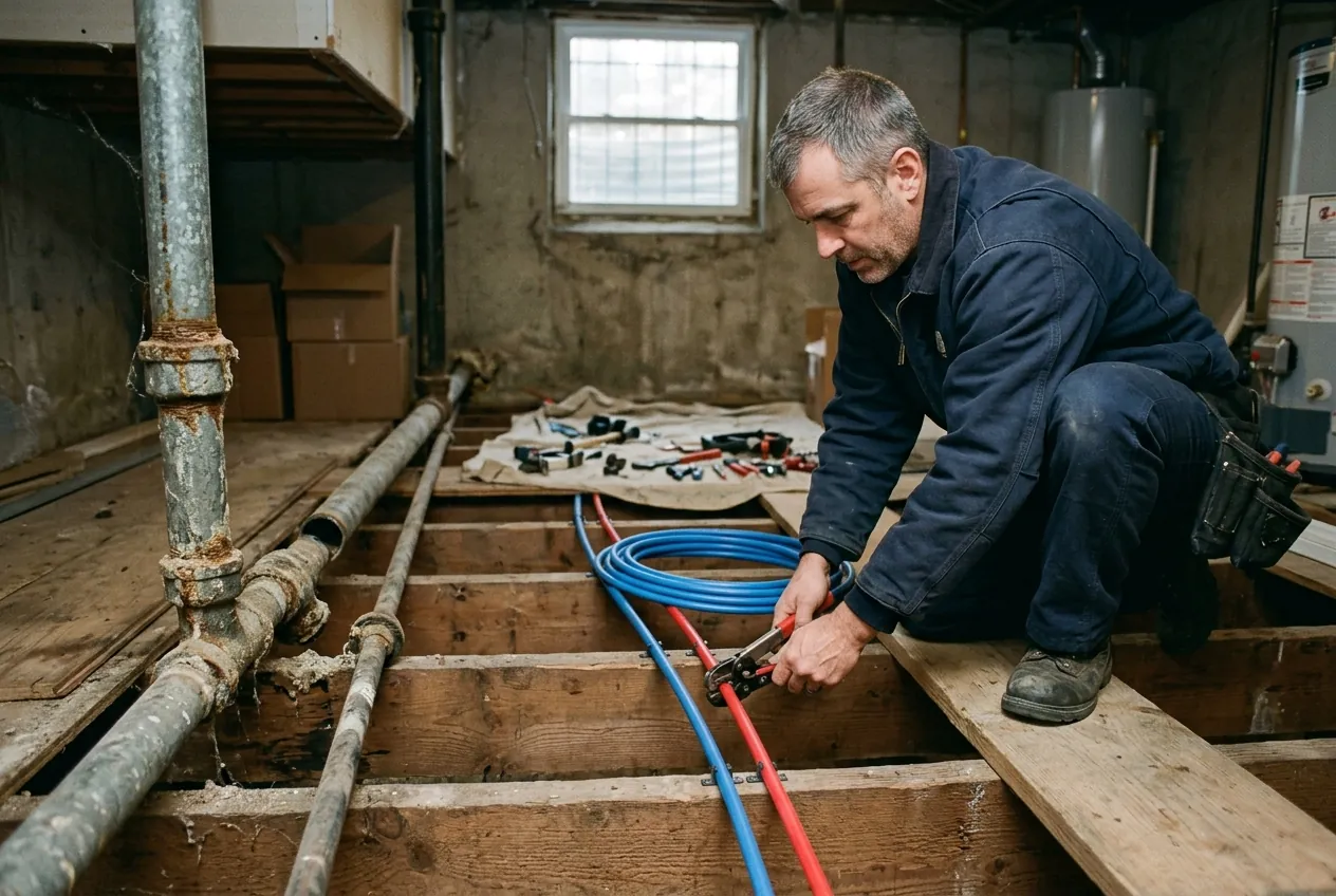 Heidler plumber running new PEX water lines through basement joists in an older Annapolis home