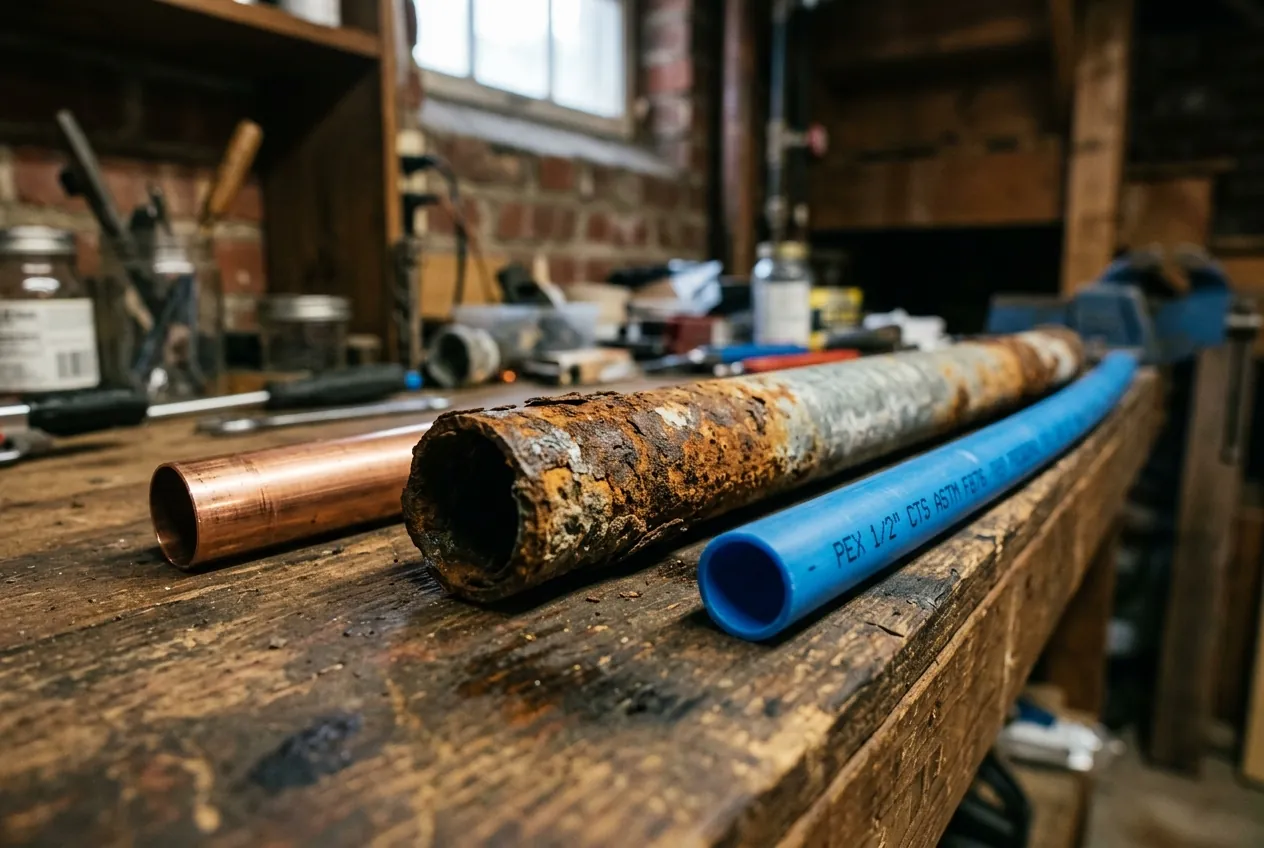 Corroded pipe section removed and replaced with new copper after a burst