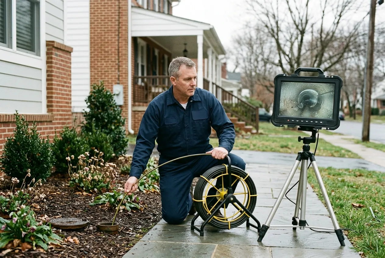 Heidler technician feeding a sewer inspection camera into a cleanout at an Annapolis home