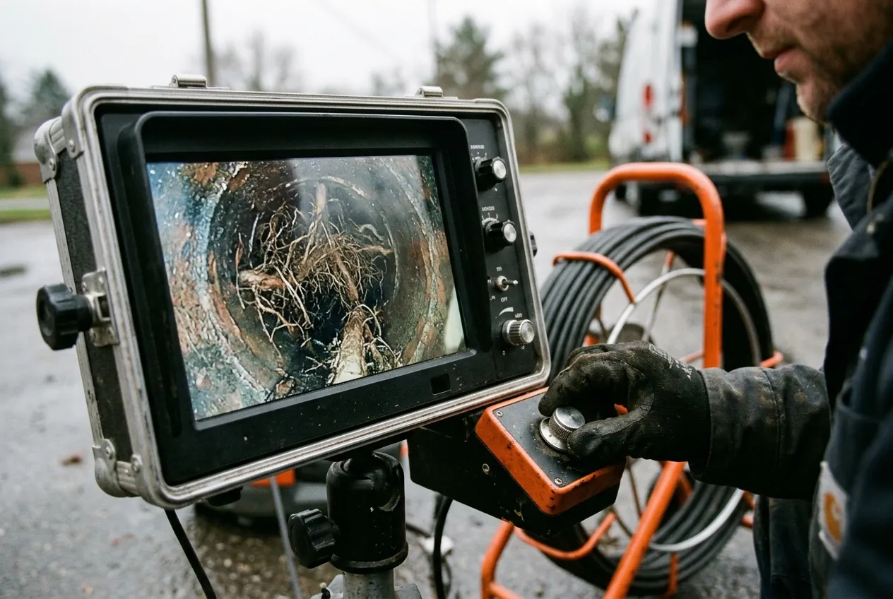 Sewer camera monitor showing root intrusion inside a pipe during an inspection
