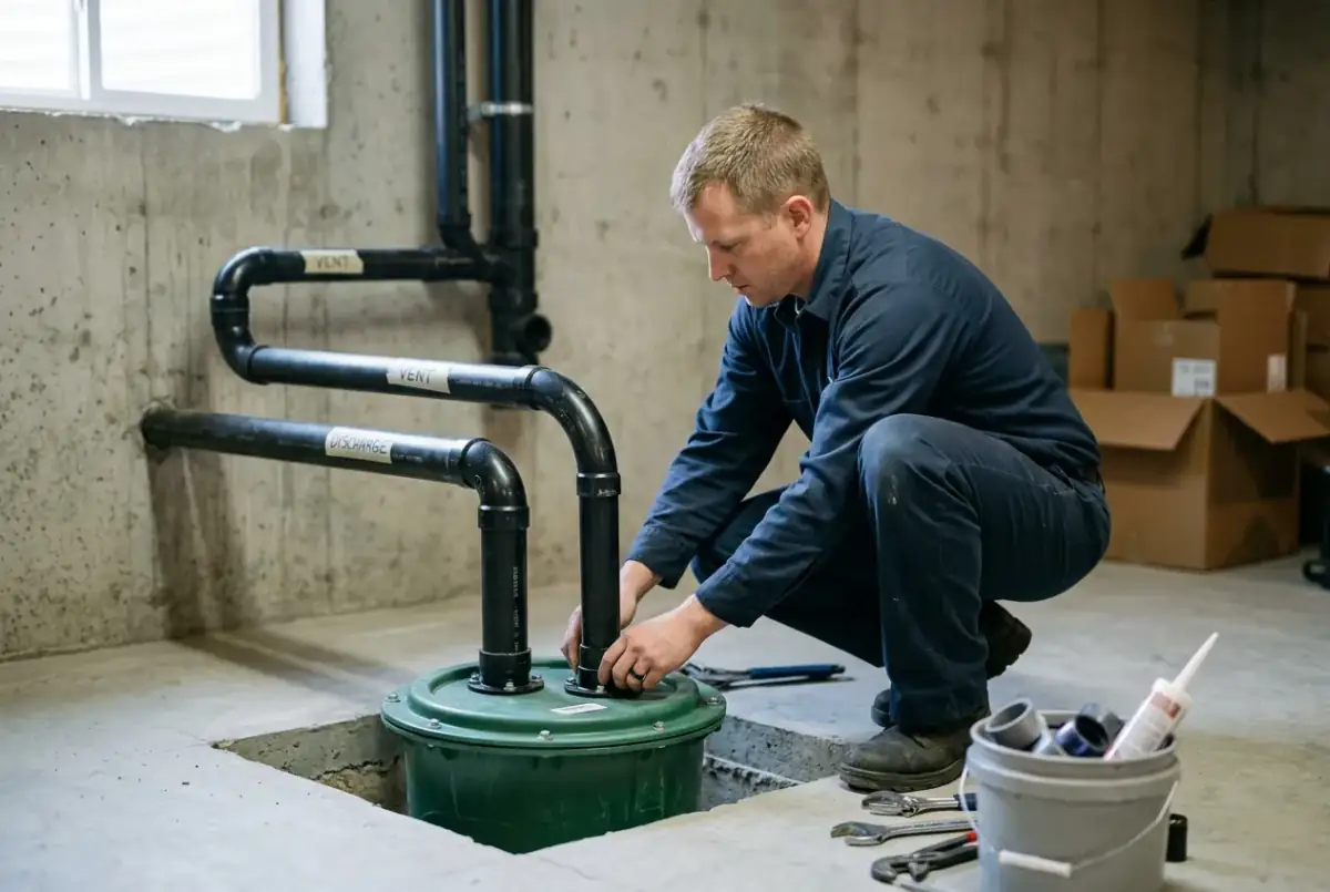 Heidler technician installing a sewer ejector pump basin in an Annapolis basement