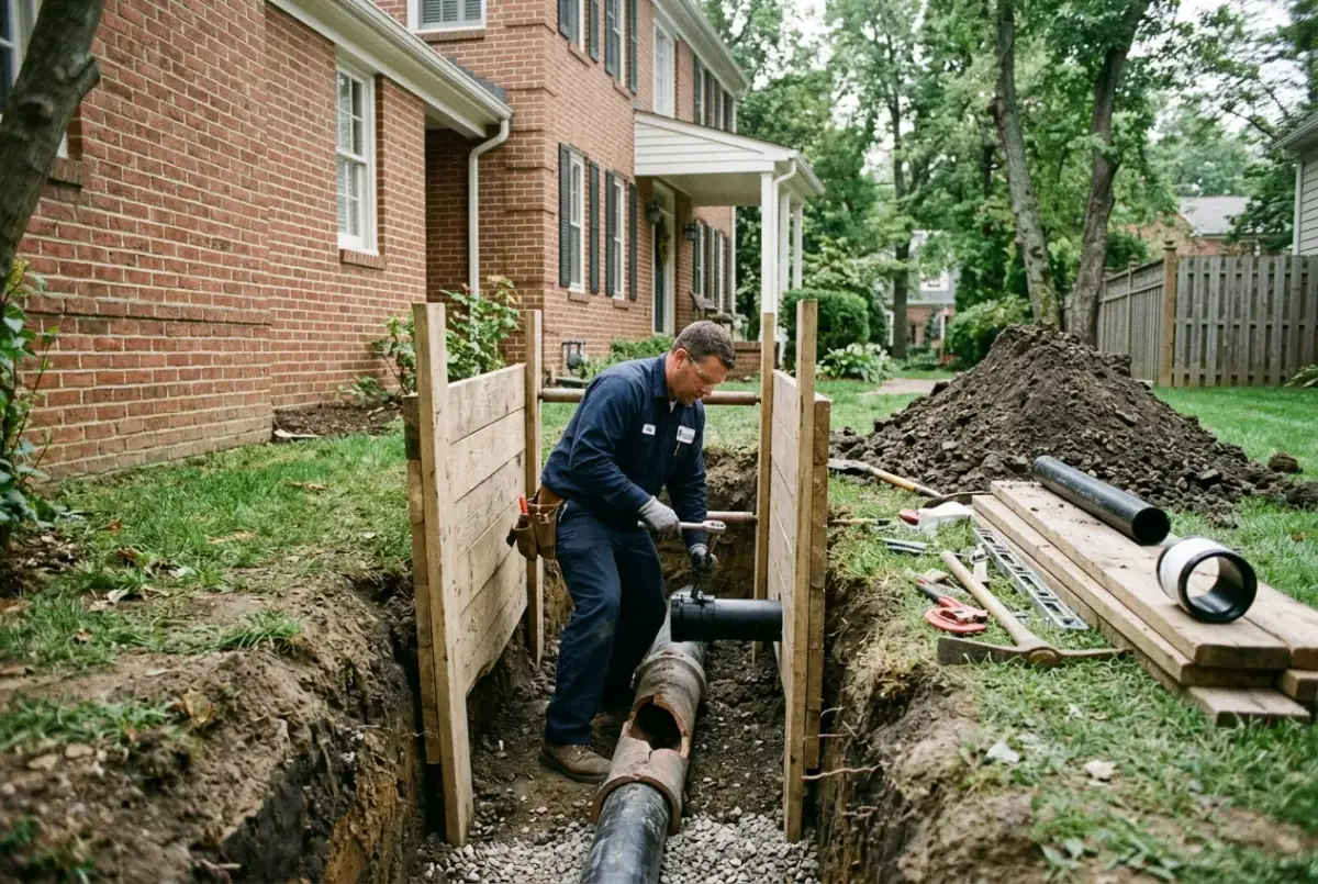 Heidler crew working in an open sewer excavation in the side yard of an Annapolis home