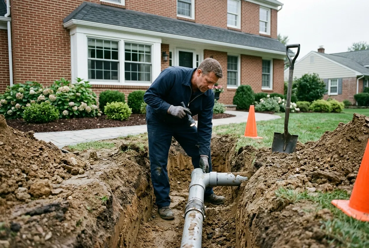 Heidler plumber inspecting an exposed sewer line in a trench outside an Annapolis home