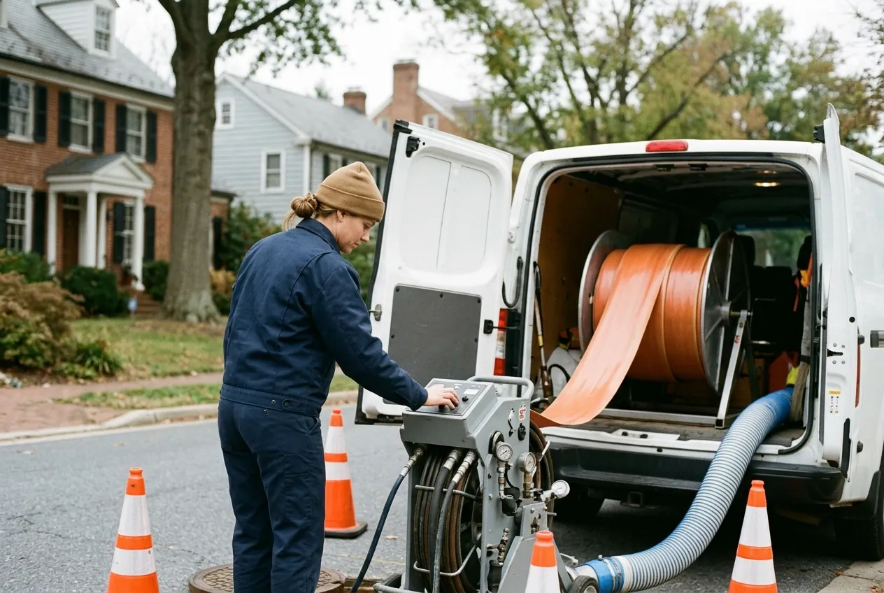 Heidler technician operating CIPP sewer lining equipment on a residential Annapolis street