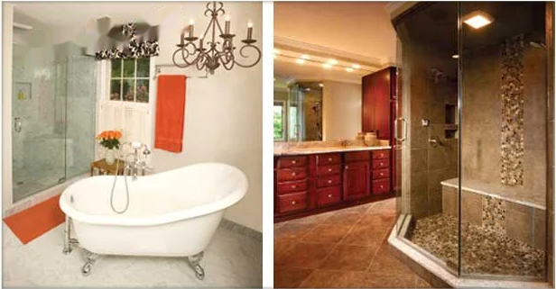 Freestanding soaking tub and tiled walk-in shower in remodeled Annapolis bathrooms