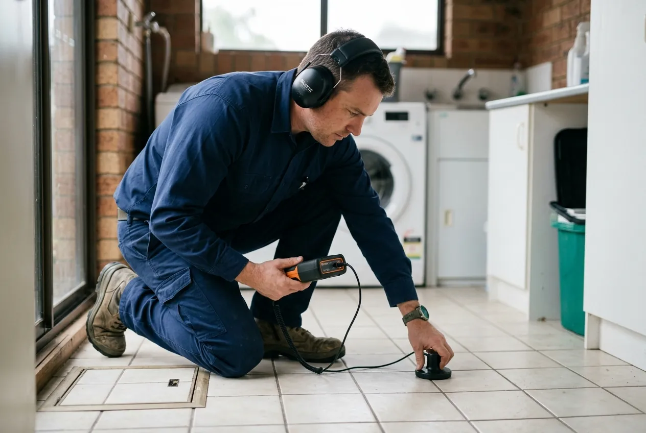 Heidler technician using electronic leak detection equipment on a slab floor in Annapolis