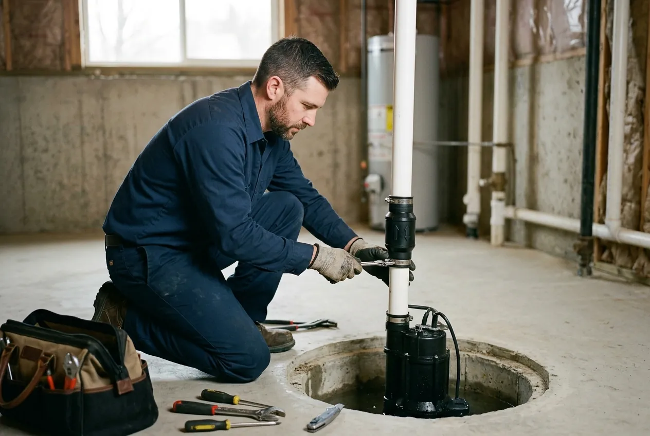 Heidler plumber installing a sump pump in an Annapolis basement sump pit