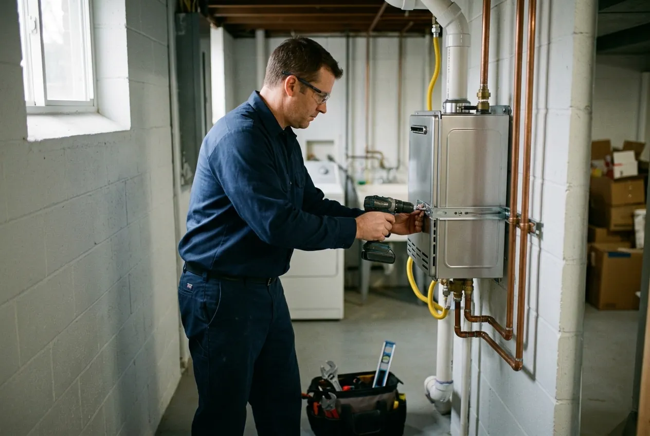Heidler plumber installing a wall-mounted tankless water heater in an Annapolis home