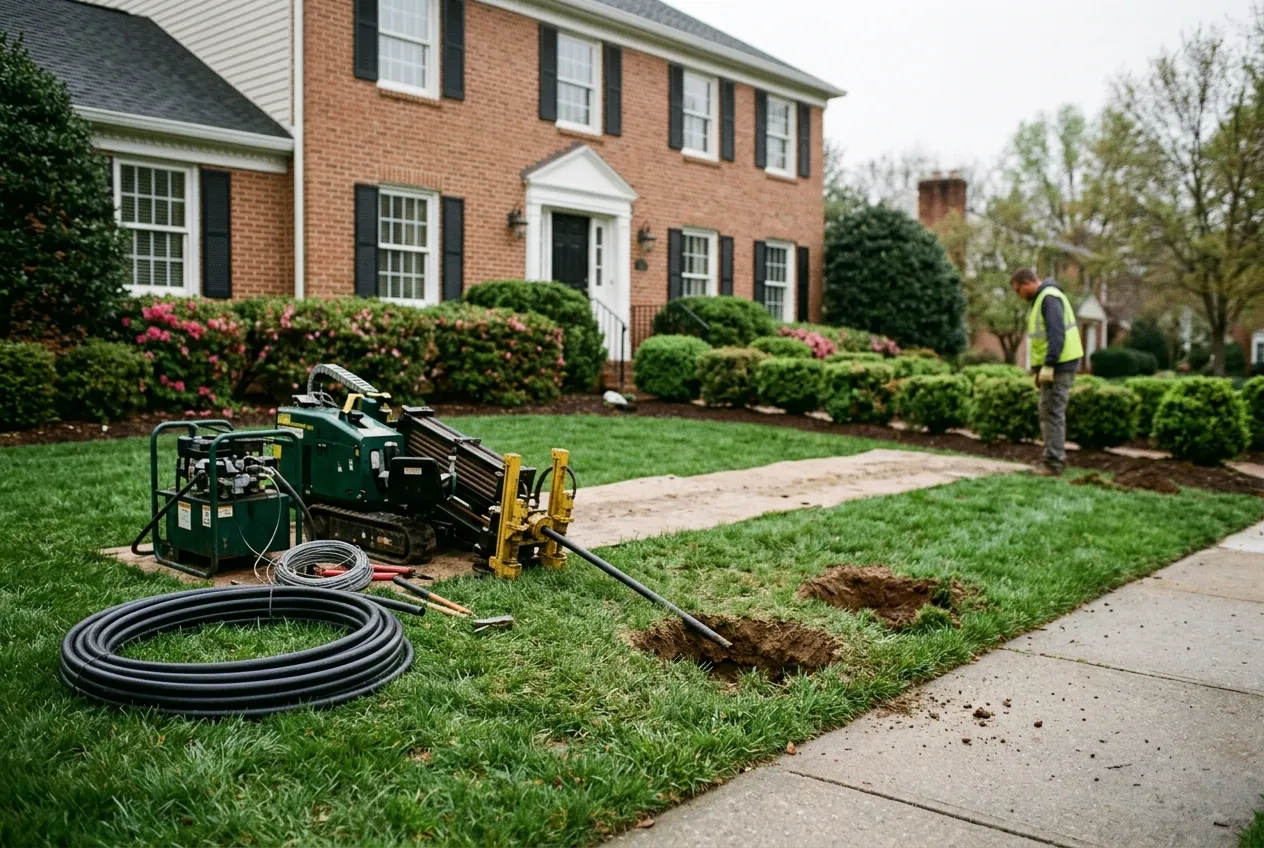 Intact Annapolis front lawn with only small trenchless sewer repair access holes near the sidewalk