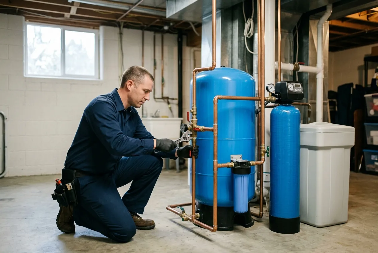 Heidler technician servicing a whole-home water filtration system in an Annapolis basement
